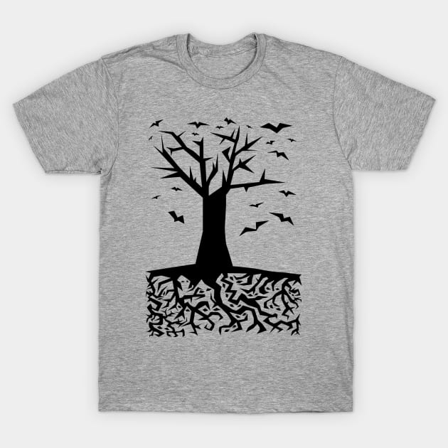 Abstract Minimalist Geometric "Deep Beneath The Earth" Illustration (Tree Roots, Eyes & Birds) T-Shirt by Graograman